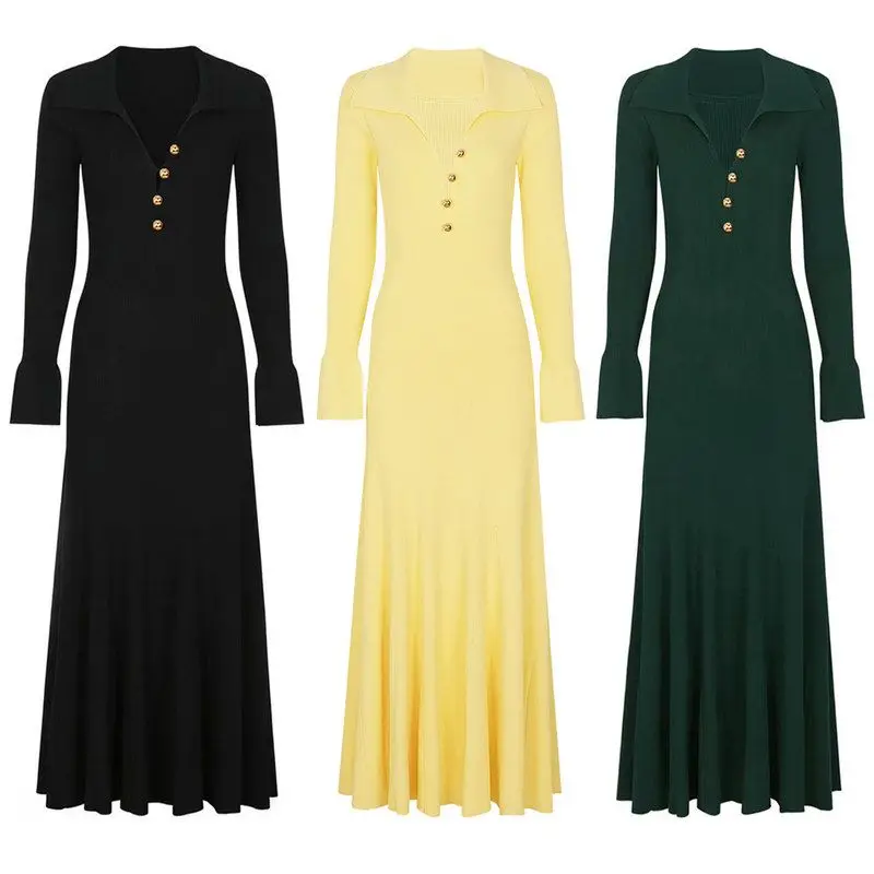 

Elegant Long Sleeve Knitted Dress Women's Slim Fit Midi Dress Button Detail Versatile Fashionable Business Casual Style