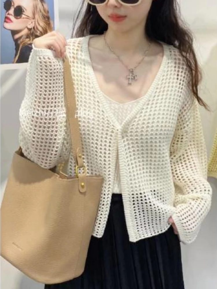 

Summer Hollow Out Knitted Cardigan Women Sun Protection Y2k Thin Tops Long Sleeve Jacket Korean Fashion Coats Sweater Casual