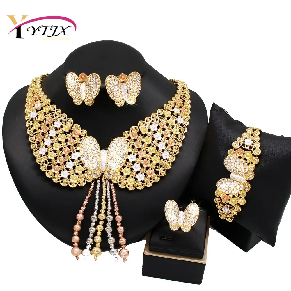 

YTJX Luxury White Zircon Wedding Jewelry Set 18K Gold Color Flower Big Necklace Bracelet Chic Butterfly Earring Ring 2025 New