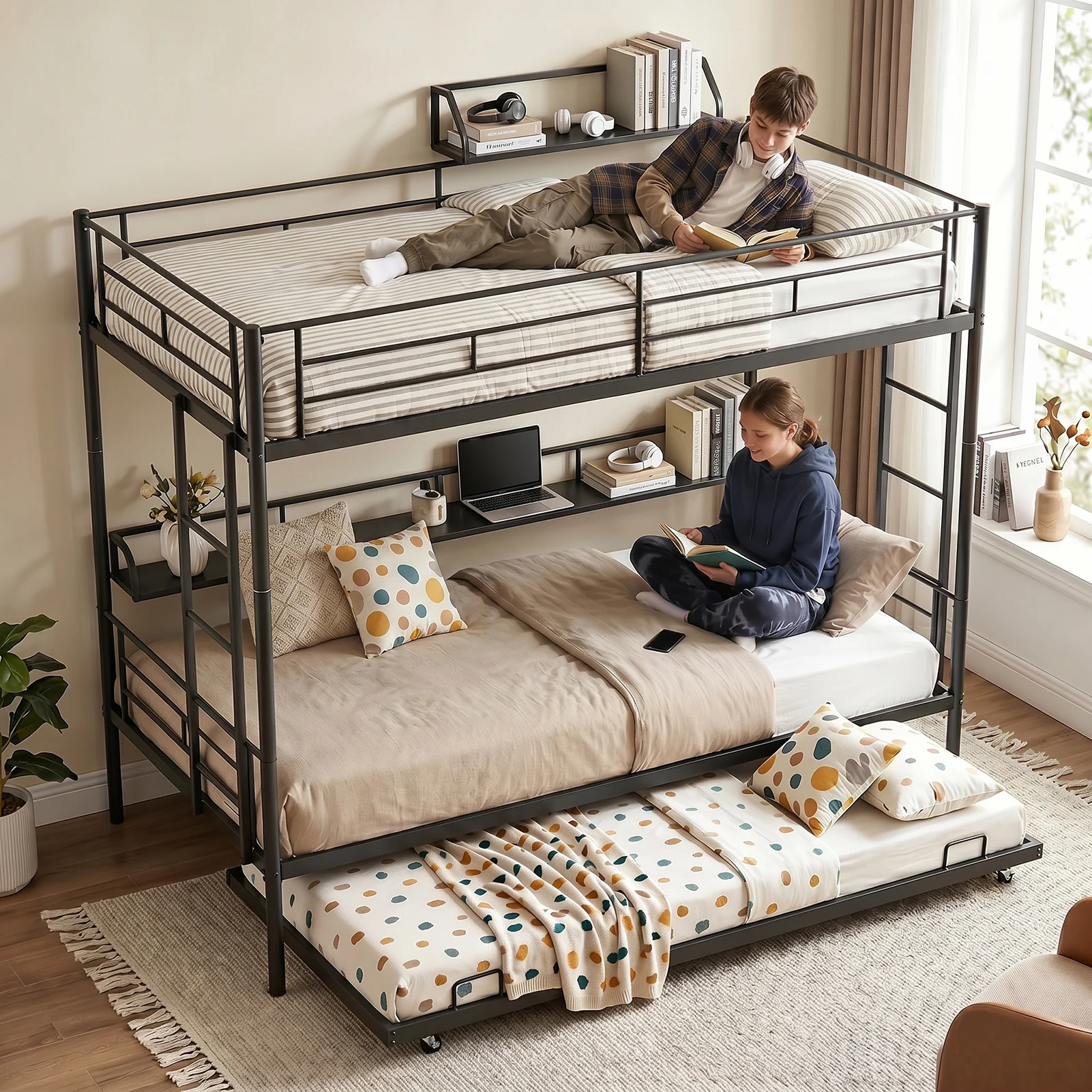 3 in 1 Bunk Bed with Trundle Twin Over Twin Bunk Bed Frame w Dual Ladder and Safety Rails No Box Spring Needed Noiseless Space image 4