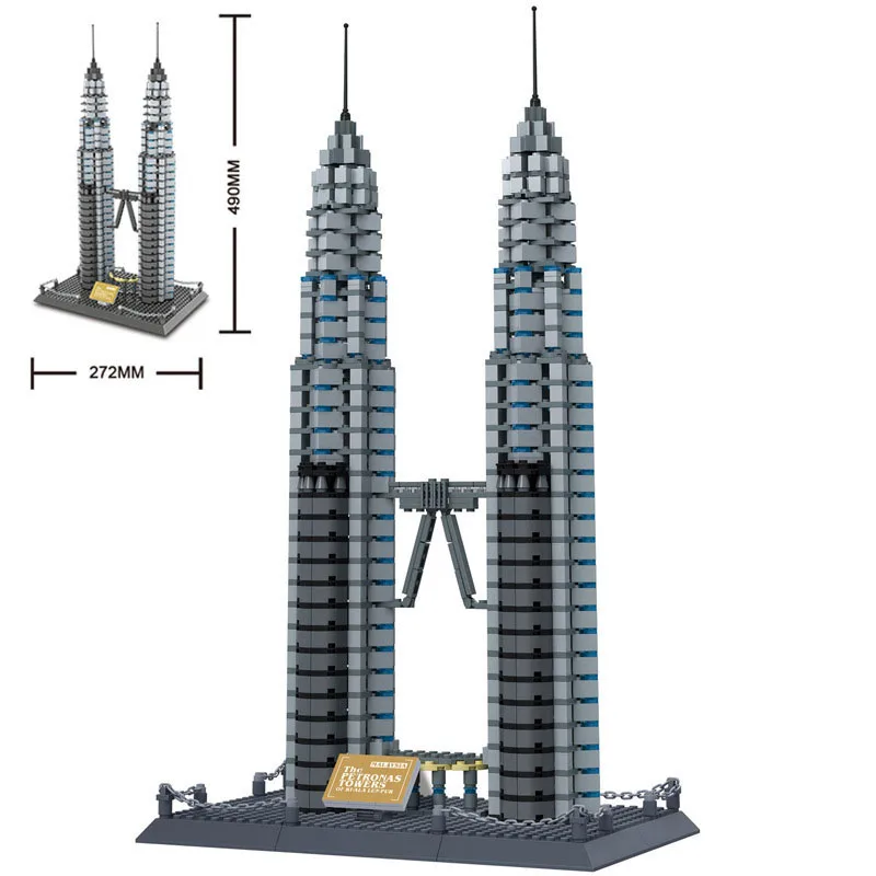Kreativer weltberühmter Architektur-Baustein Malaysia Petronas Twin Towers Kuala Lumpur Modell Bausteinspielzeug