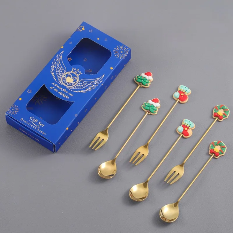 Christmas Spoon Fork Stainless Steel Tableware Cartoon Dessert Spoon Coffee Stir Spoon Fruit Fork Christmas Gift Box Tableware