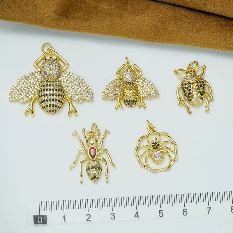 

10Pcs Brass Jewelry Animal Insect Pendant Diy Necklace Earring Making Full Inlay Zircon Ladybug Ant Spider Bee Charm Accessories