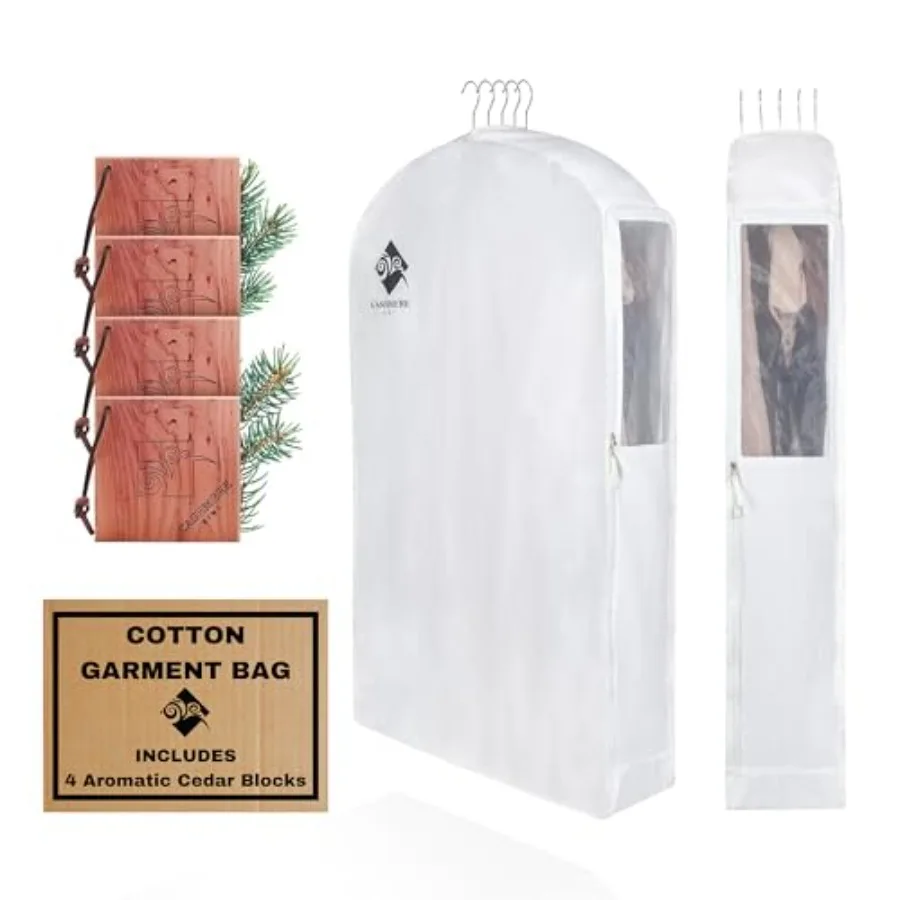 

Premium"Short Cotton Garment Bag For Hangg Clothes And Storage Wide 6" Gusset and 4 Cedar Blocks For Fresh Smell And Moth Prote