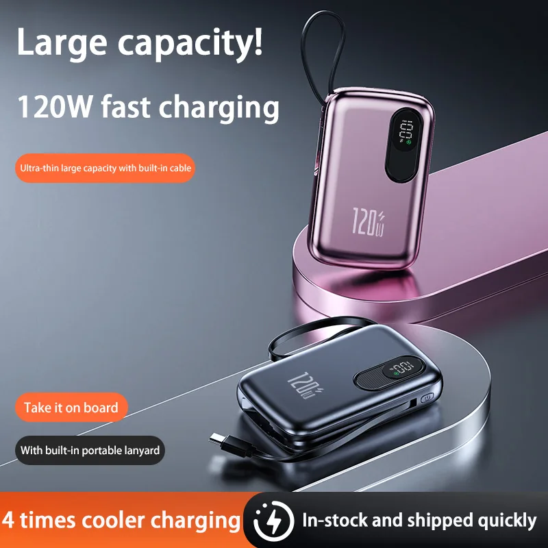 

Новый 100000 мАч, 120 Вт, сверхбыстрая зарядка, встроенный кабель, мини-Power Bank, портативное зарядное устройство, внешний аккумулятор для iPhone Xiaomi Samsung