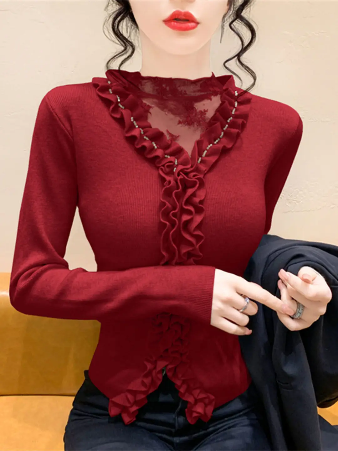 

Красный вязаный свитер с декором из страз и деревянными элементами, новый, осенне-зимний, для женщин, в корейском стиле...