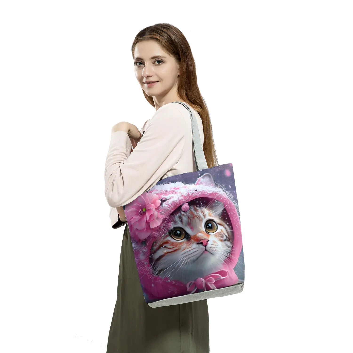 Bolsas de compras reutilizables ecológicas para mujer, bolsos de mano plegables portátiles con estampado de gato y dibujos animados, de gran capacidad