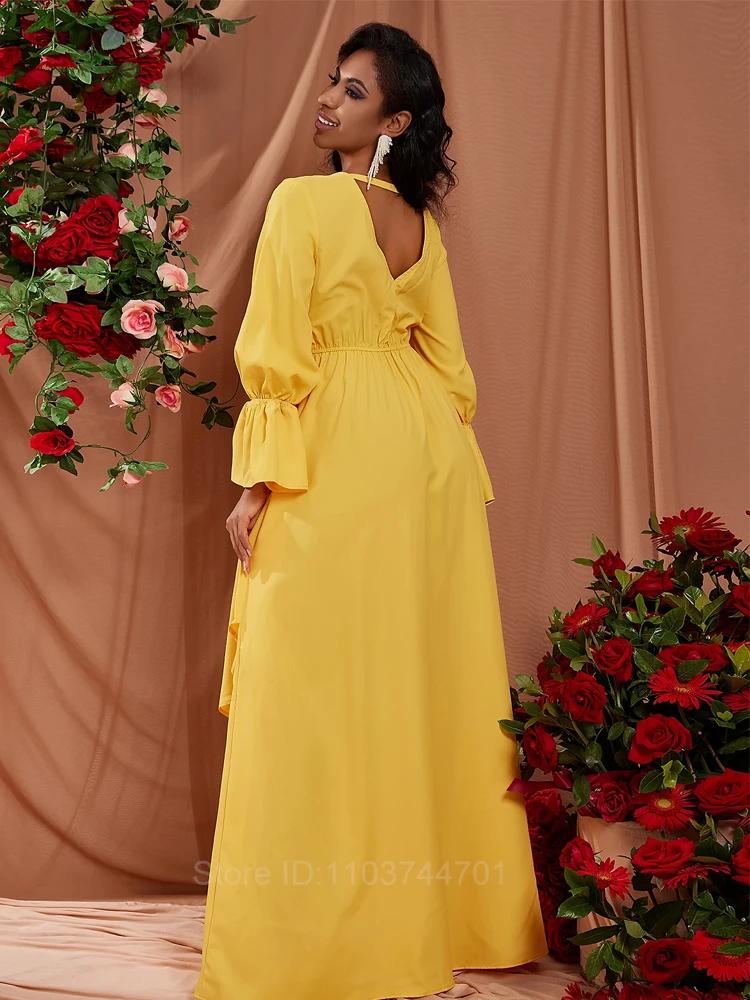 Spring Summer Fashion Office Ruched Dress Long-sleeved V-neck Yellow Dress Women's Clothing Vestidos Para Mujer