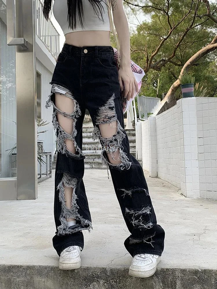 New Women Hollow Out Streetwear Denim Pant Hole Loose Dragging Wide-leg Jeans American Retro High Waist Female Straight Trousers