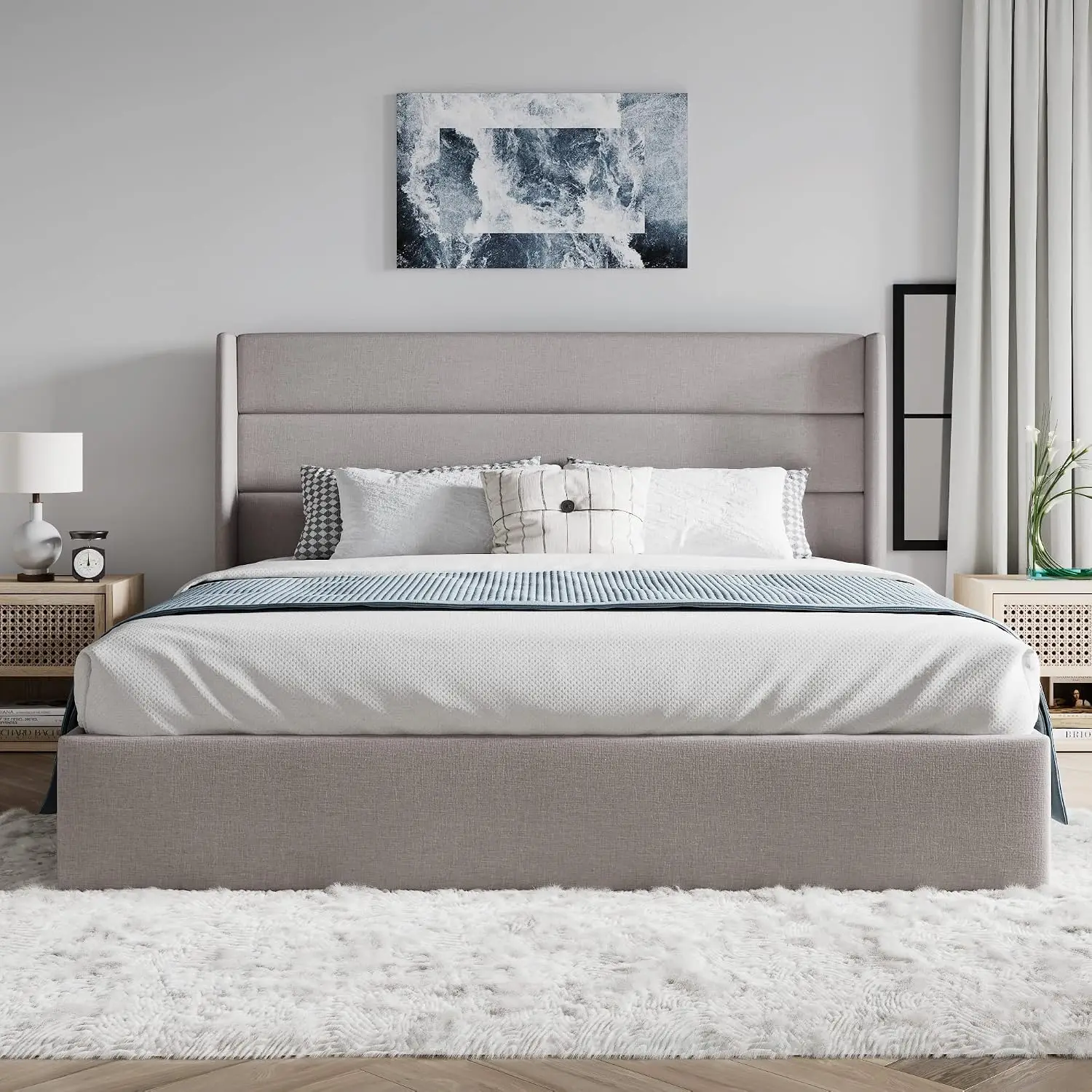 Queen Size Lift Up Storage Bed/Modern Wingback Headboard/Upholstered Platform Bed Frame/Hydraulic Storage, Customized