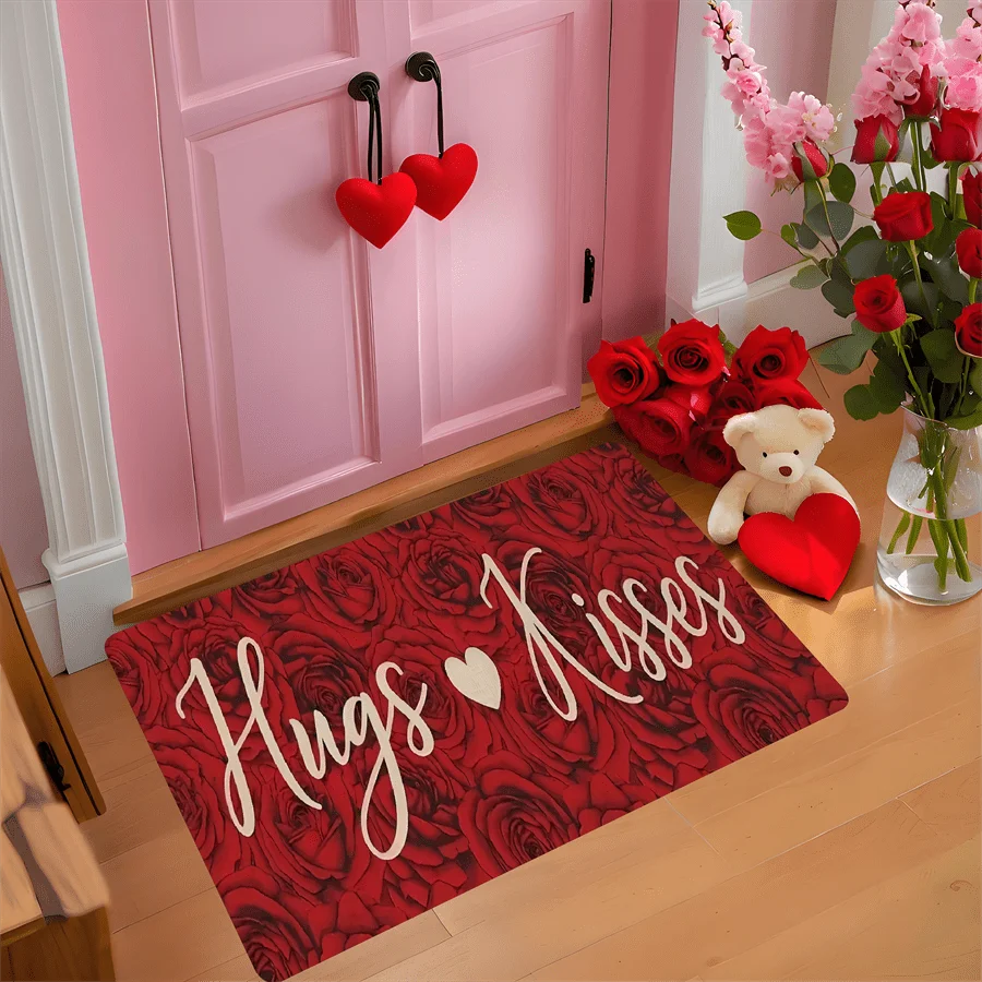 Valentine’s Day Entry Rug  Full Red Rose Background Hugs & Kisses Letter Sweet Romantic Love Floor Mat