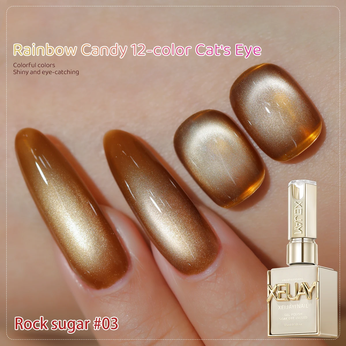 XEJAYI 1 Stück 15 ml Rainbow Candy Cat Eye Gel-Nagellack, UV-LED-Nagelgel zum Einweichen, semi-permanent, DIY-Salonqualität