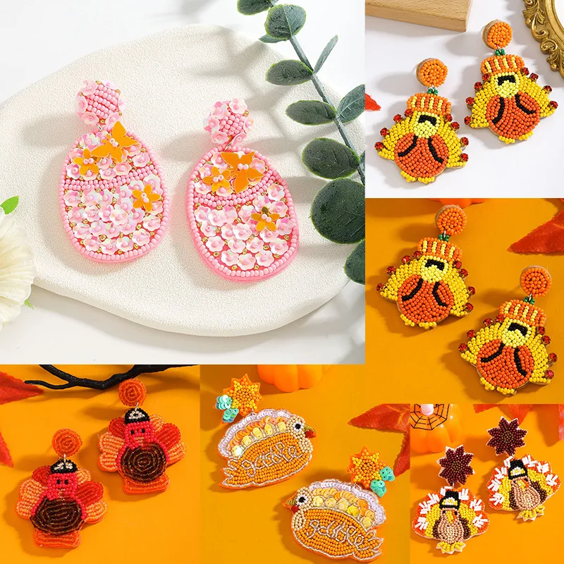 Thanksgiving turkey Christmas rice beads hand-woven earrings with sequins and diamond-studded vintage personalized earrings