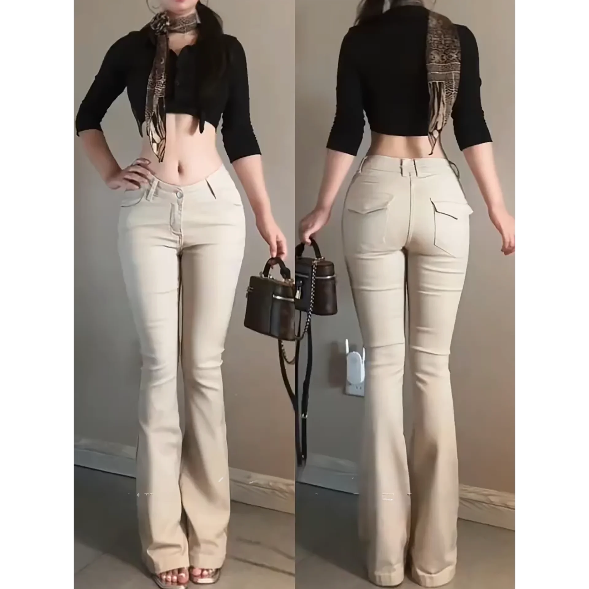 

Slim Fit Bell Bottom Denim Jeans V Waist Elastic Tummy Control Sexy Chic Casual All Season Ladies Jeans High Waist Bootcut
