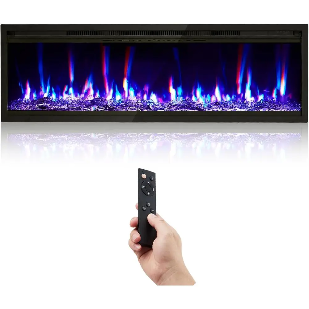 

50 Wall-Mounted Electric Fireplace with Remote, 4.2 Slim Linear Heater, 750W/1500W, 12-Color Flame, Log & Crystal
