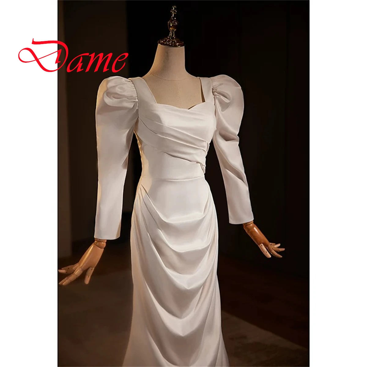 Customized Exquisite Ivory  Satin Evening Dress  Graceful Square Collar Puff Sleeves Long Sleeves Lace Up Back Wedding Dress