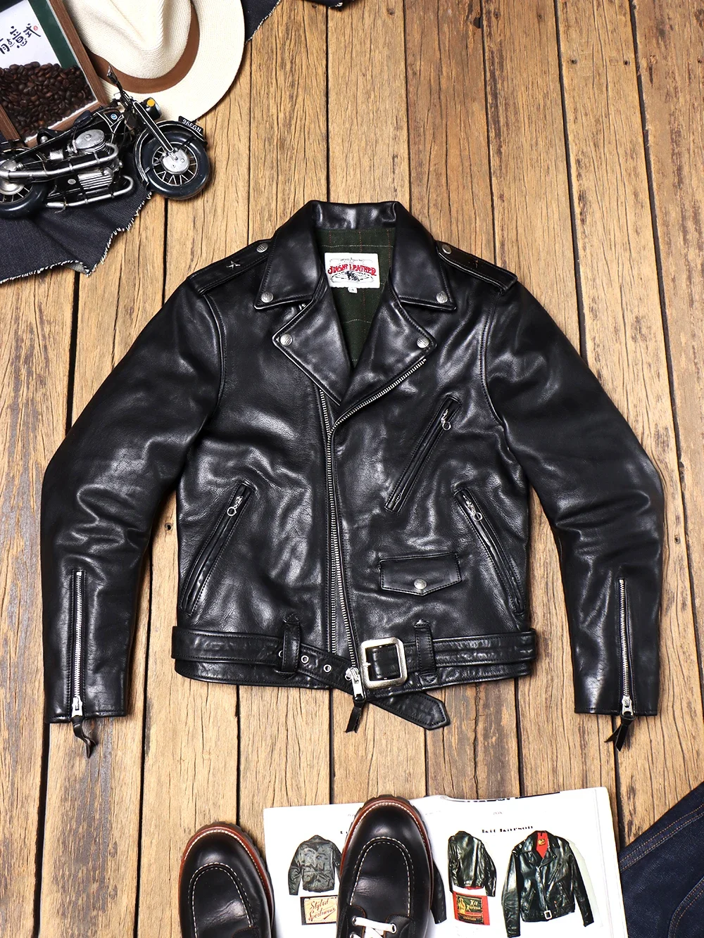 Tailor Brando Italy Heavy Washed Full Grain Cowhide 613 Double Rider Men's Short Leather Biker Leather Jacket