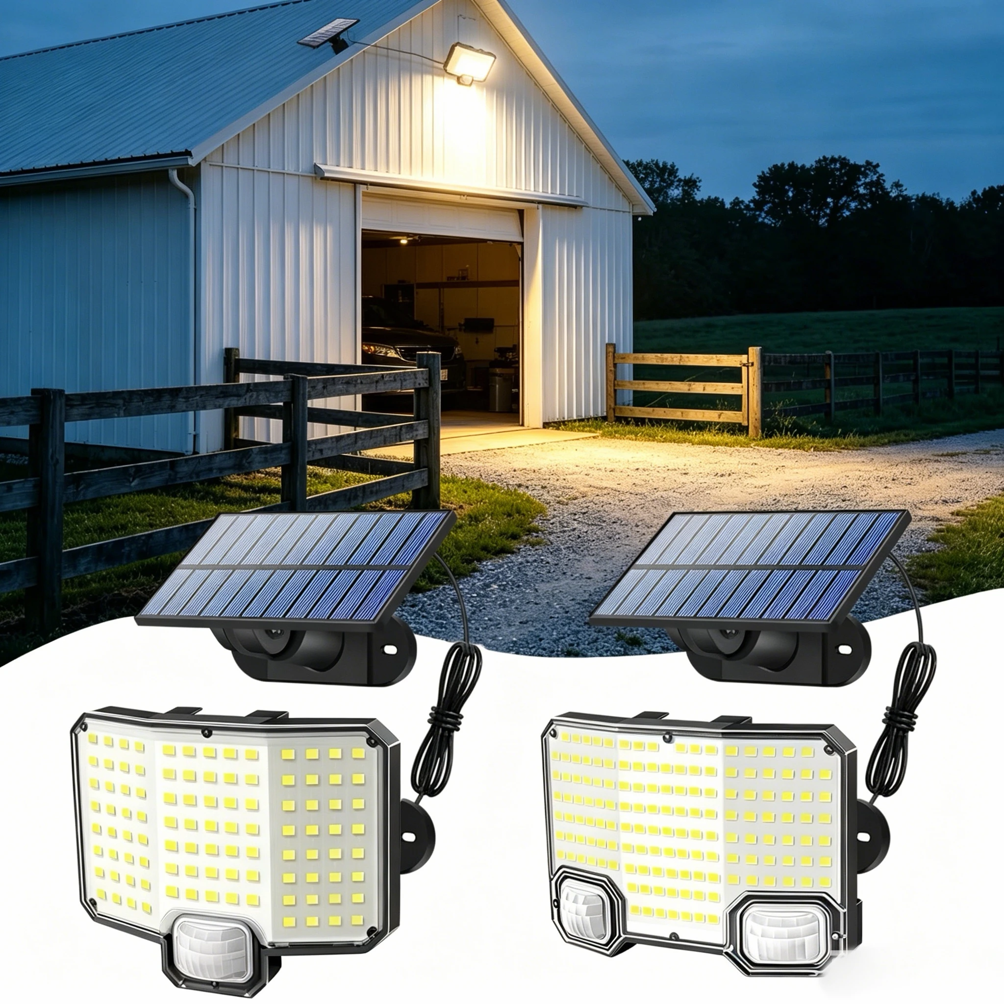 Outdoor Solar Wall Lamp, Super Bright 144LED Dual Sensor Head Solar Security Light, 1200mAh Battery IP65 Waterproof, 3 Modes Aut