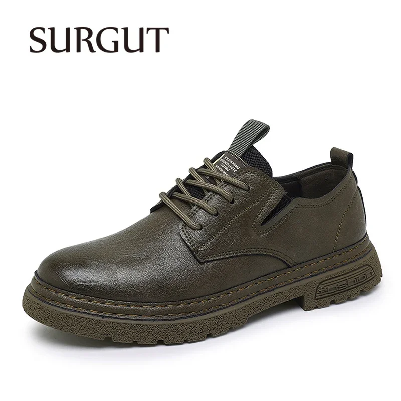 SURGUT Casual Shoes Men Genuine Leather Trend Fashion Comfortable Breathable Thickened Heel Soft Anti-Skid Rubber Sole Shoes