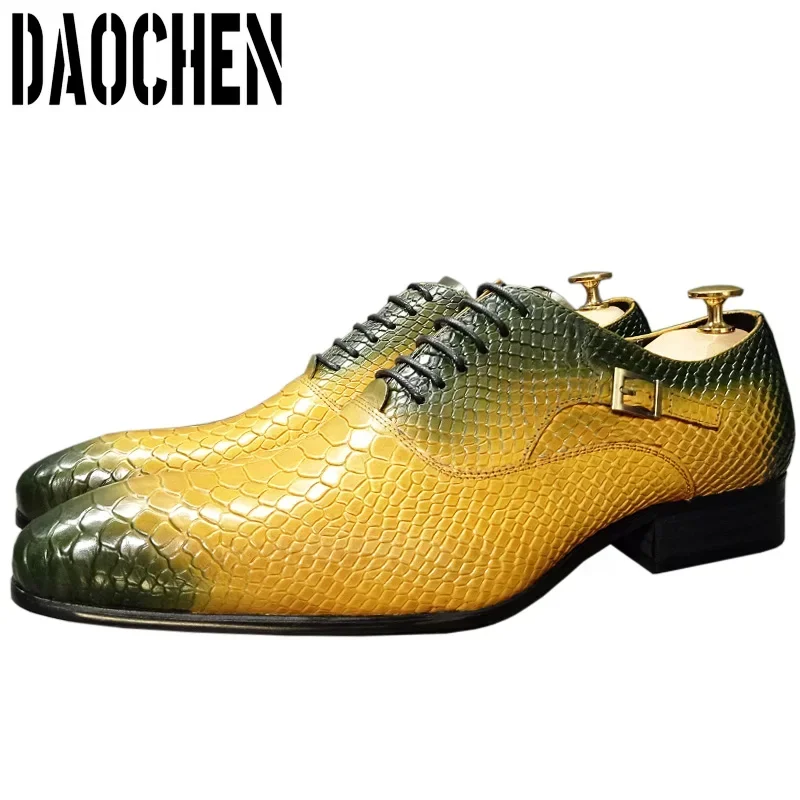 

Luxury Men Oxford Shoes Lace up Pointed Coffee Black Mixed Color Mens Dress Shoes Snake Skin Print Leather Shoes For Men