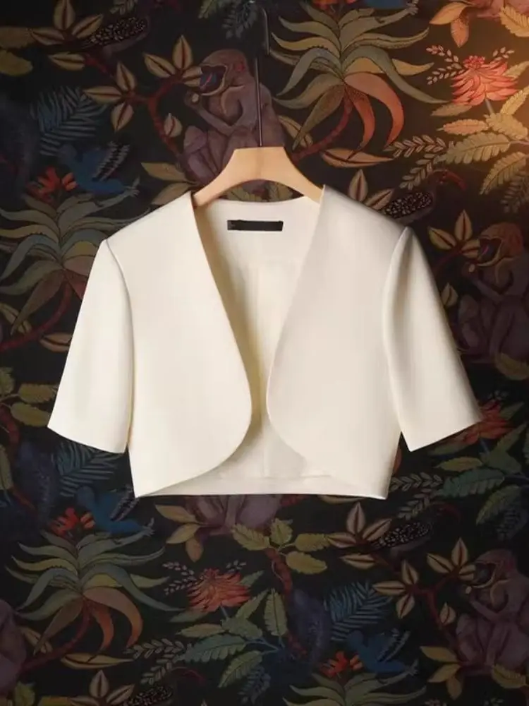 Cropped Coat Shawl Jacket Women's Short-sleeved Collarless Blazer Cardigan Summer Wear Over A Strapless Dress Tops
