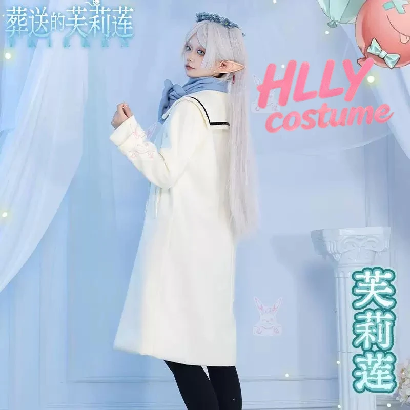 Frieren Cosplay Costume Winter Wool Coat Cream White Double-Breasted Red Buttons Blue Scarf Mage Staff Full Set