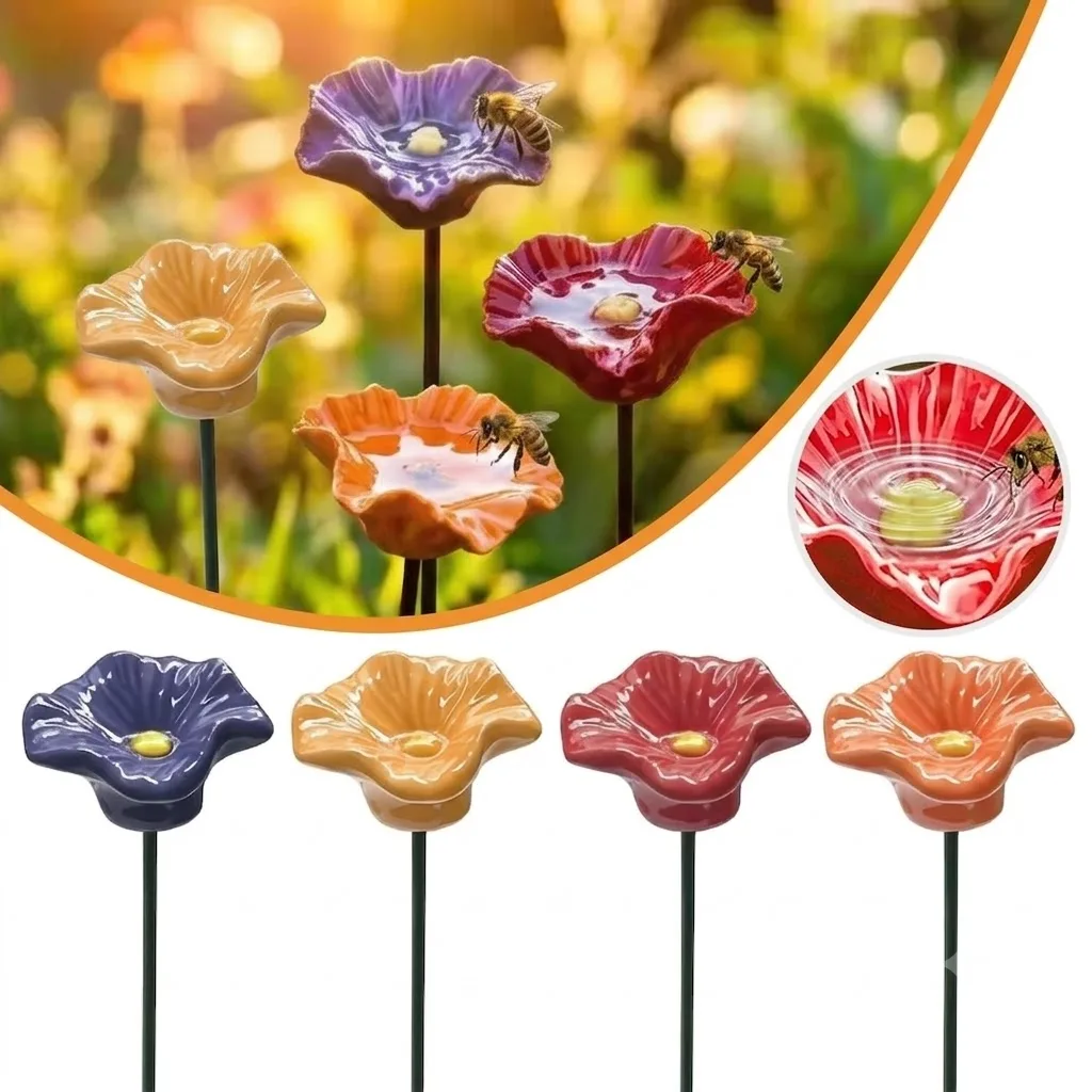Creative Portable Bee Water Feeder Resin Flower Design Drinking Fountain Holder Bee Watering Station Bird Bath Stand For Home