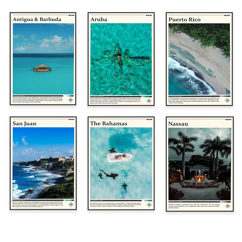 Cayman Islands, Bahamas, San Juan, Sauna Island, Puerto Rico, Jamaica, Curacao, Antigua and Barbuda, Caribbean travel poster