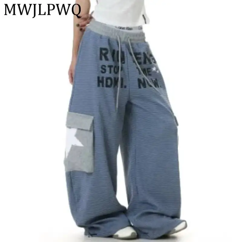 MWJLPWQ Striped Curved Hem Pants For Men Trendy Letter-Print Sweatpants Multi-Pocket Design Loose-Fit Cargo Trousers New 17156