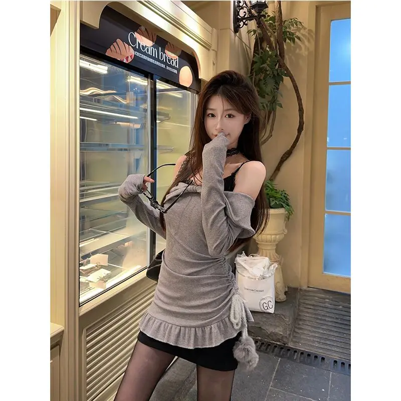 Novo nicho renda suspender saia em camadas de um ombro cordão vestido de manga comprida