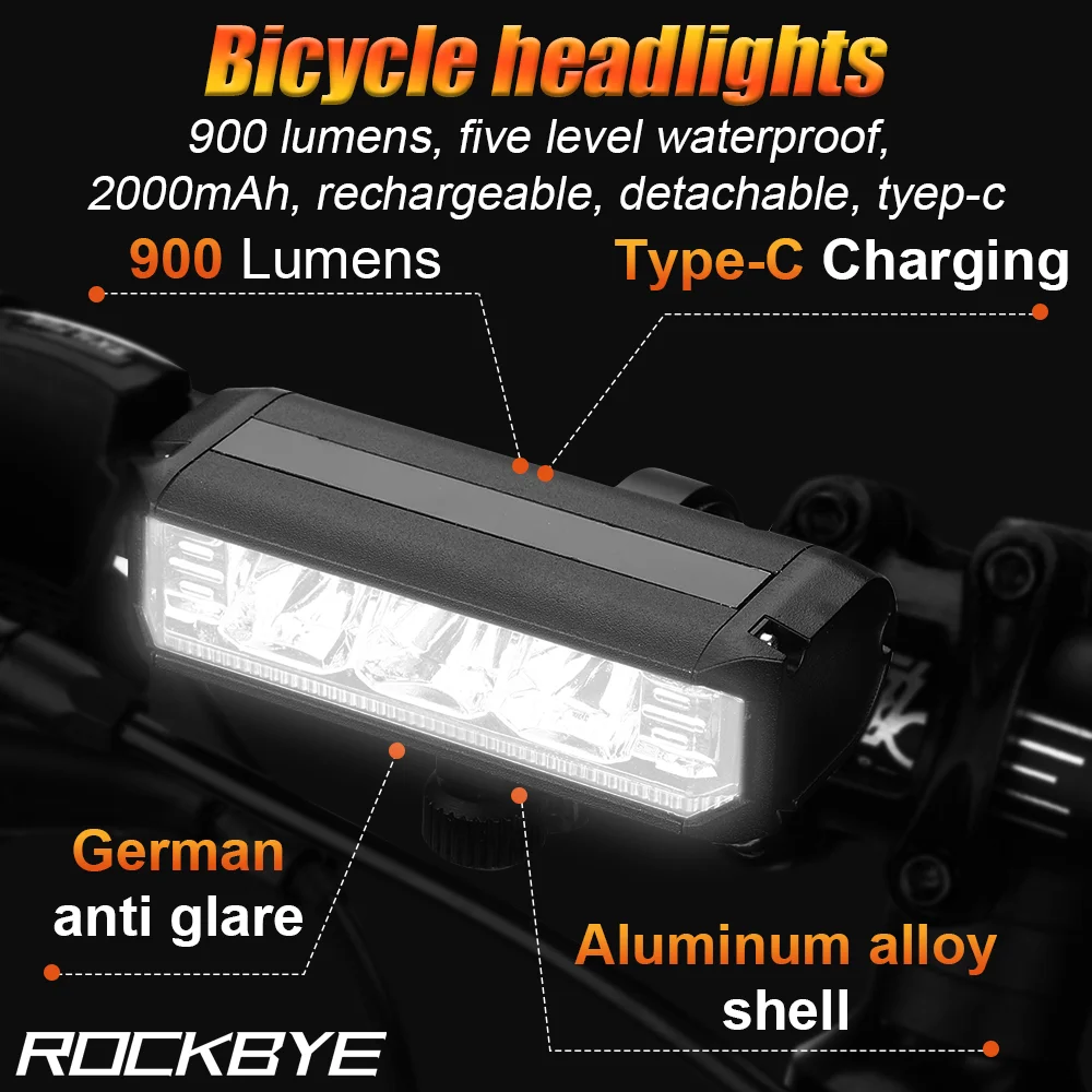 

Bicycle headlights, 900 lumens, five level waterproof, 2000mAh, rechargeable, detachable, tyep-c