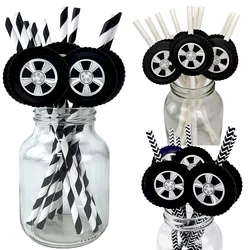 20/40/80pcs Wheel Tire Paper Straw Racing Wheel Drinking Straws Tyre Disposable Straw Baby Shower Racing Birthday Party Decors