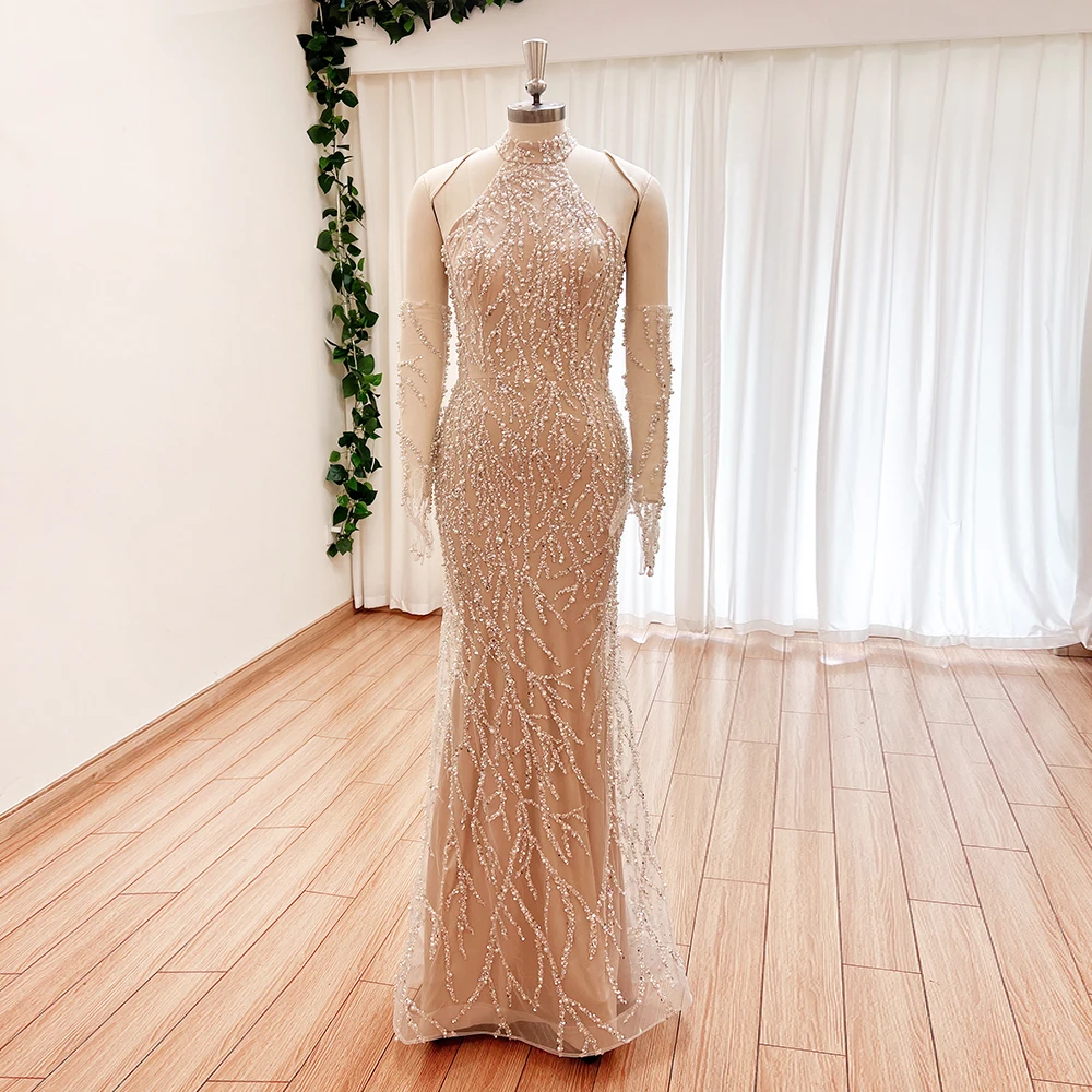 Elegant Nude Mermaid Evening Dress for Women 2024 Luxury Arabic Pearls with Gloves Formal Prom Wedding Party Gowns Customized