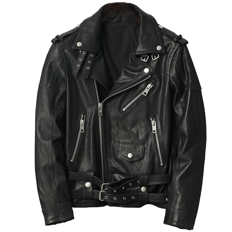 Black Autumn Leather Jacket Men Punk Style Plus Size 4XL Genuine Natural Sheepskin Turn-Down Collar Diagonal Zipper Sports Coat