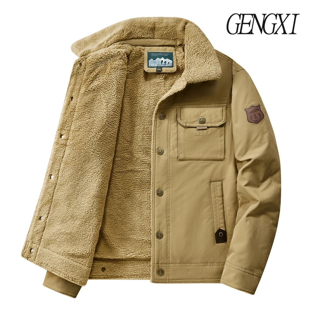 Kedatangan Baru Musim Gugur/Dingin: Jaket Kerja Bordir Huruf Multi-Saku Berlapis Fleece Tebal dengan Kerah Berkerah Tunggal