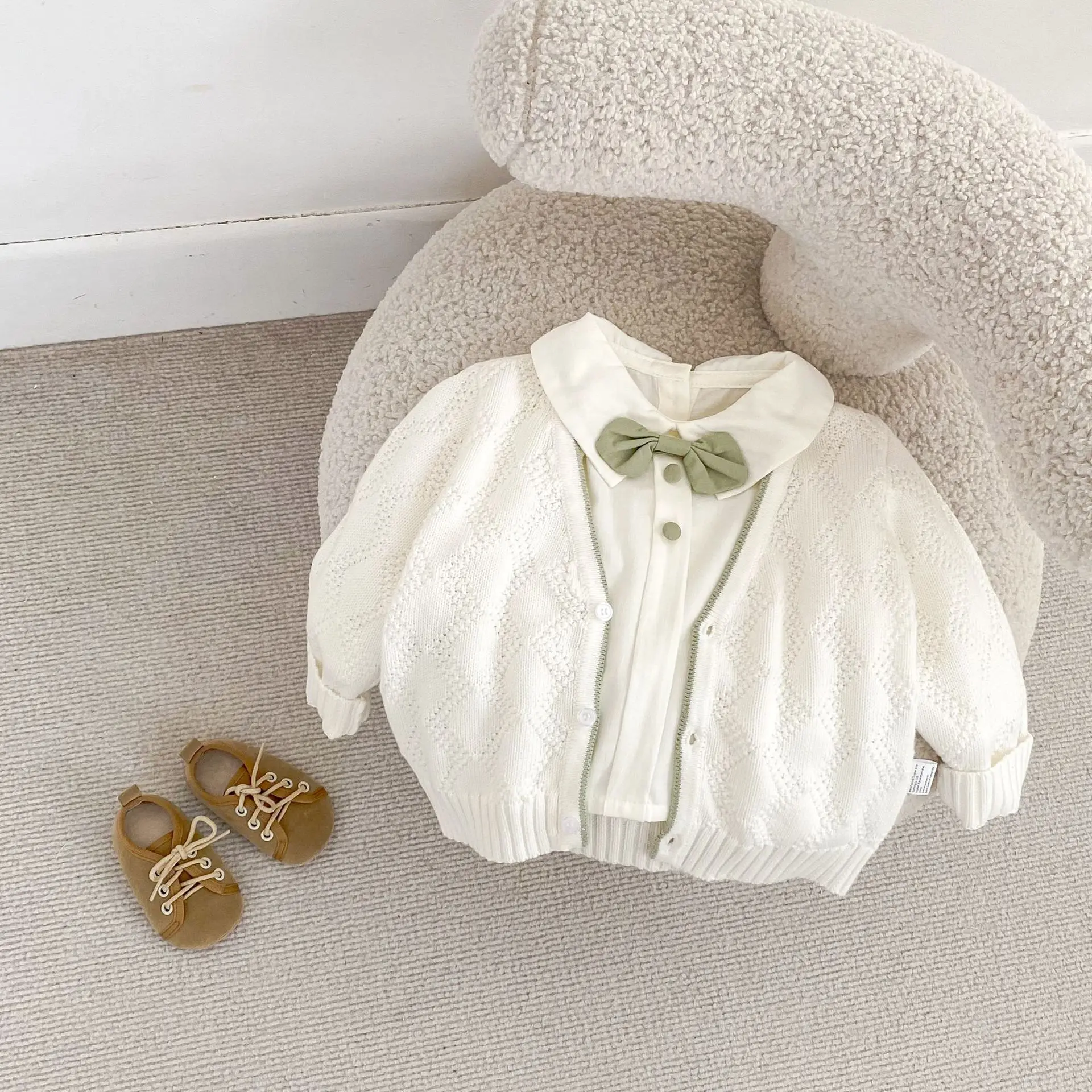 Kids 1 to 3 Years Fall Baby Girl Solid Shirt Bow Knot Cotton Long Sleeve Undershirt Versatile Turn Down Collar Top