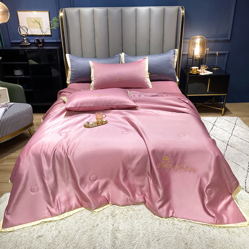 

Soft Duvet Silky Quilt Embroidered Comforter Solid Color Bedspread Smooth Duvets 이불 Blanket (Pillowcase Need Order)