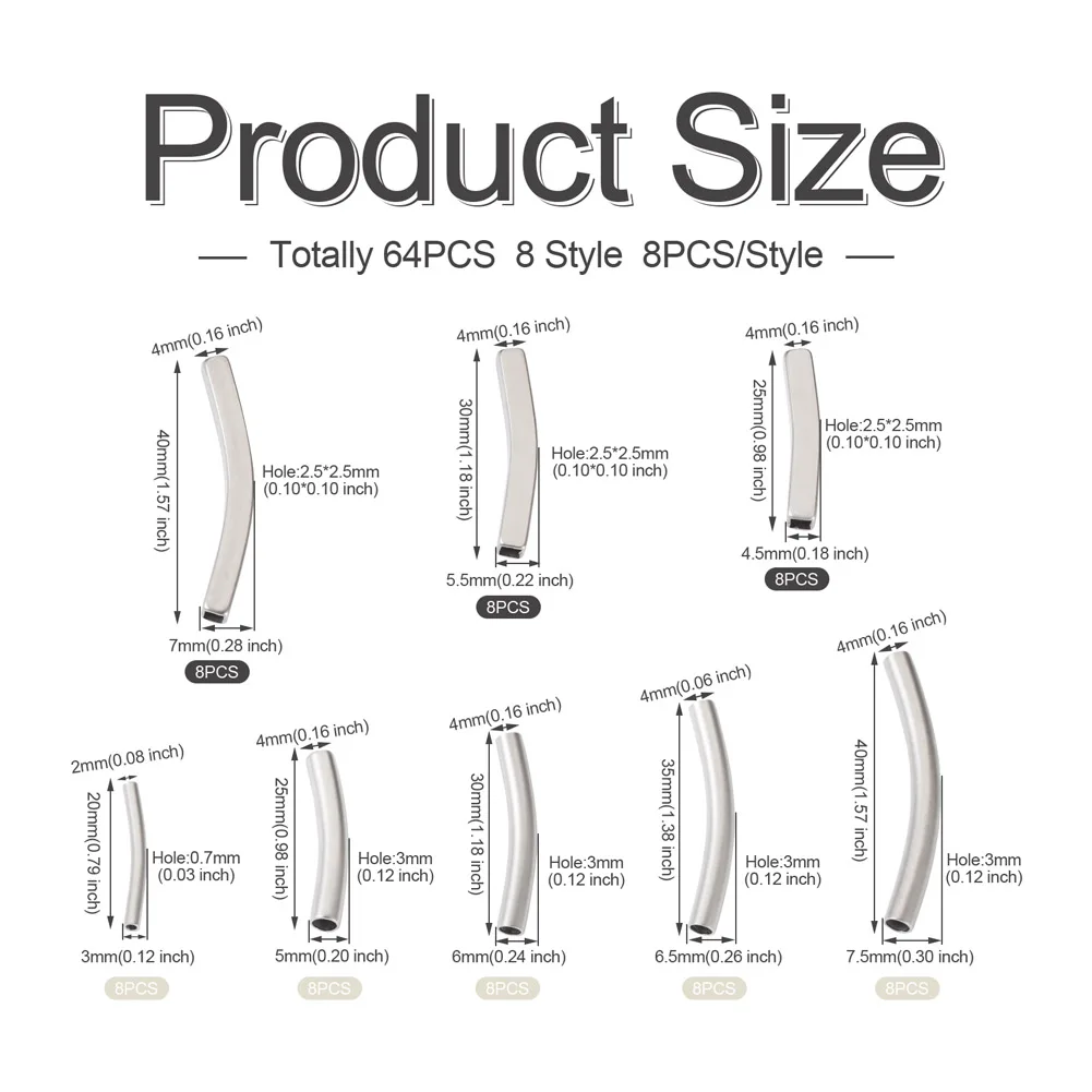 64Pcs 201 Stainless Steel Beads Metal Long Curve Tube Beads Connectors for Jewelry Making DIY Bracelet Necklace