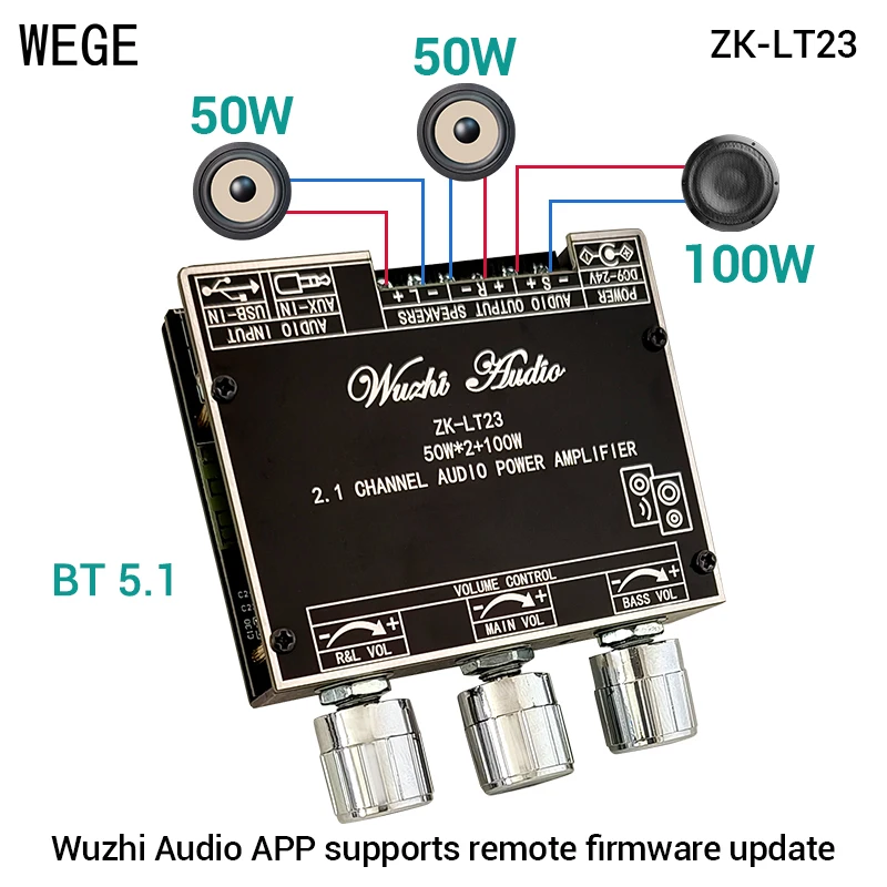 WEGE ZK-LT23 50W*2+100W True Wireless 2.1 Channel Subwoofer BT 5.1 Audio Amplifier Power AMP Wuzhi Audio APP