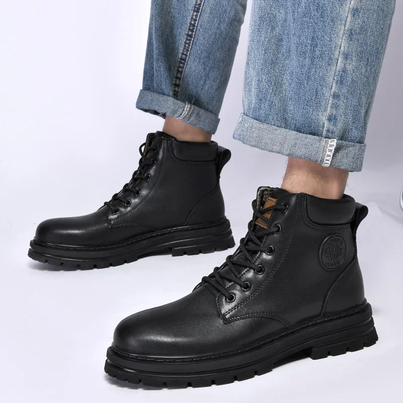 Men High-top Boots Quality Leather Men Boots Warm Winter Ankle Boots Big Size 49 50 Outdoor Winter Plush Boots Walking Boots