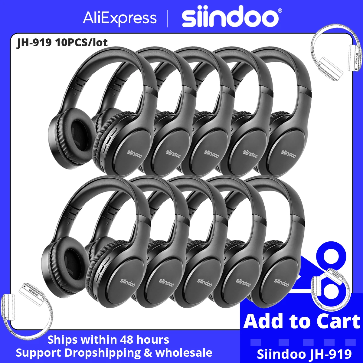 Siindoo 10pcs JH-919 Wireless Bluetooth Headphones Foldable Stereo Earphones Super Bass Noise Reduction Mic For Iphone Laptop PC