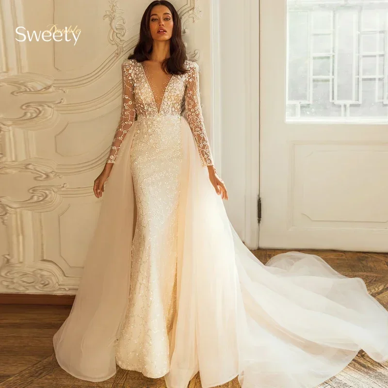 

Elegant Mermaid Detachable 2 In 1 Weddingdress Bead With Embroidery Lace Ballgown O-Neck Full Sleeve Vestido De Novia Customized