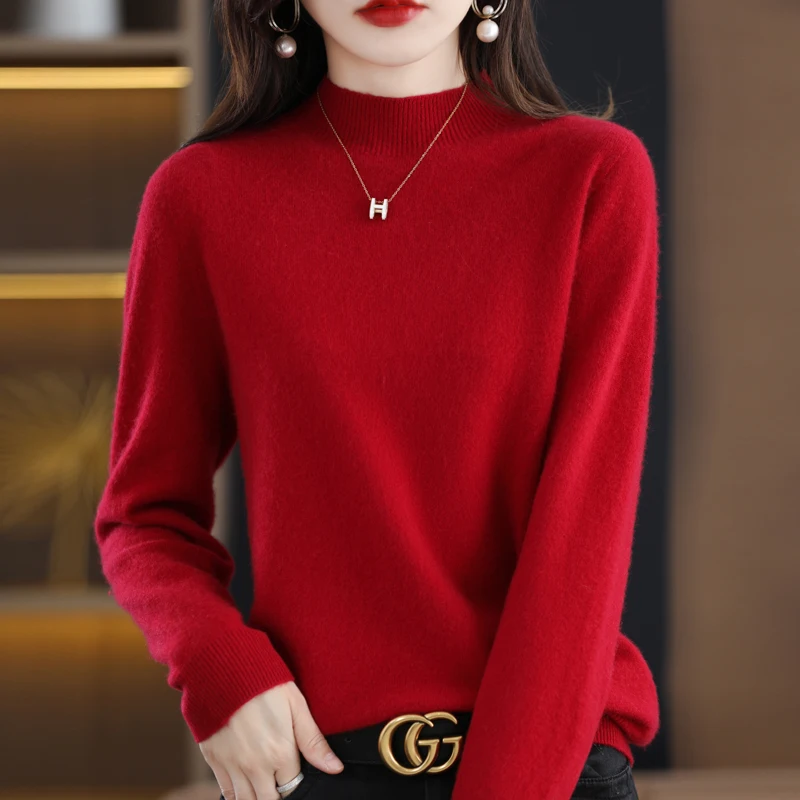 

Autumn And Winter Women's Pullover 100% Pure Wool Seamless Ready-To-Wear Semi-High Collar Skin-Friendly Fashion Knitted Sweater