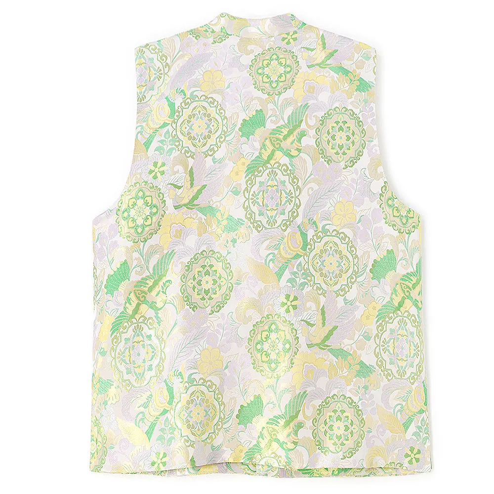BirdTree-50MM Silk Song Brocade Elegant Vest, O Neck Floral Sequined, Women Retro Design Sense Loose Coat, 2026 Autumn C69761CC
