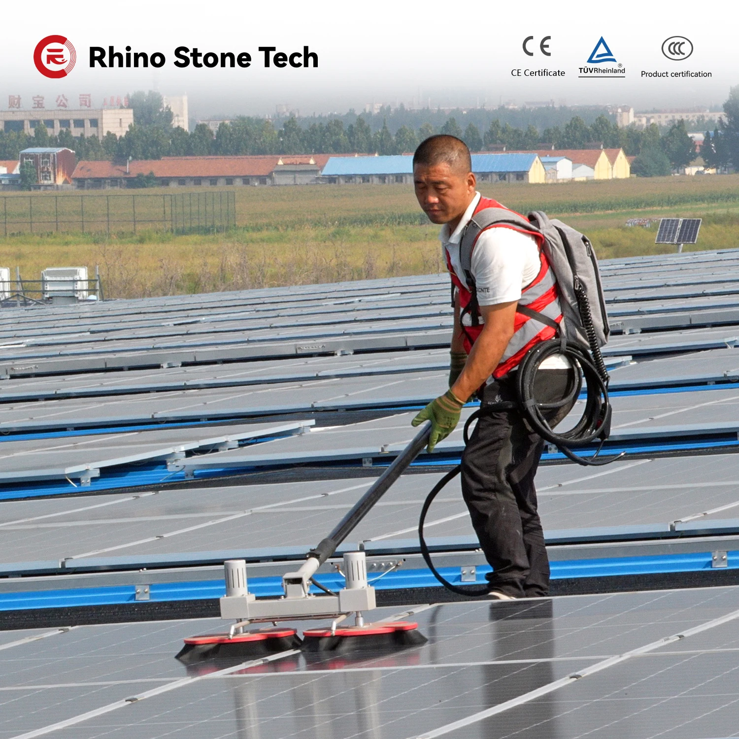 Double-Disc Pole Water-Fed Brush Windows Clean System Photovoltaic Cleaner Supplier Solar Cleaning Brush