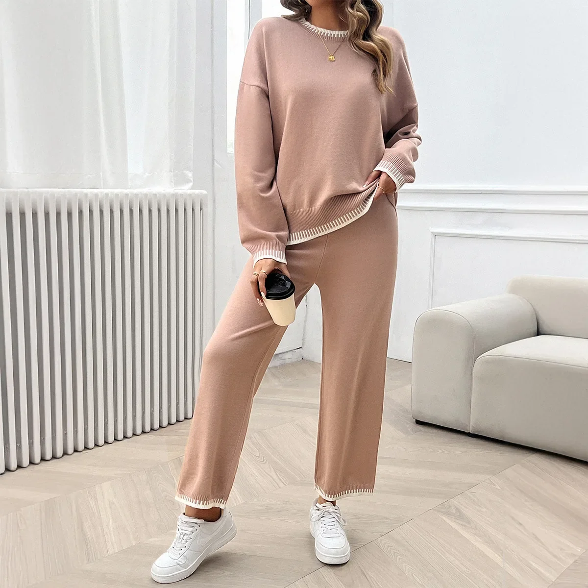 Women's 2024 Autumn and Winter Temperament Casual Contrast Color Knitted Sweater Trousers Set 2 Piece Sets Womens Outfits