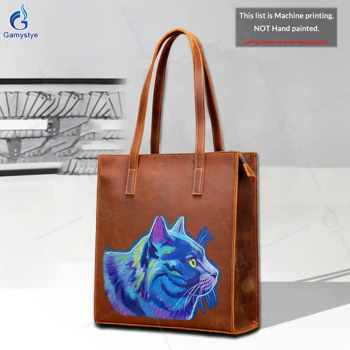 

Art Print Customize Totes Blue cat Ladies Tote Handbags Messenger Shoulder Bag For women Genuine Leather Gold Lock Hardware 2024