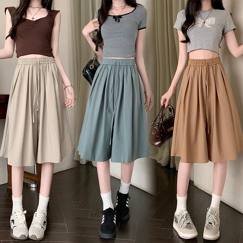

2025 Summer Casual Loose Calf-Length Pants for Women Look Thin Ice Silk Elastic All-match Wide Leg Pants Skirt Solid Color