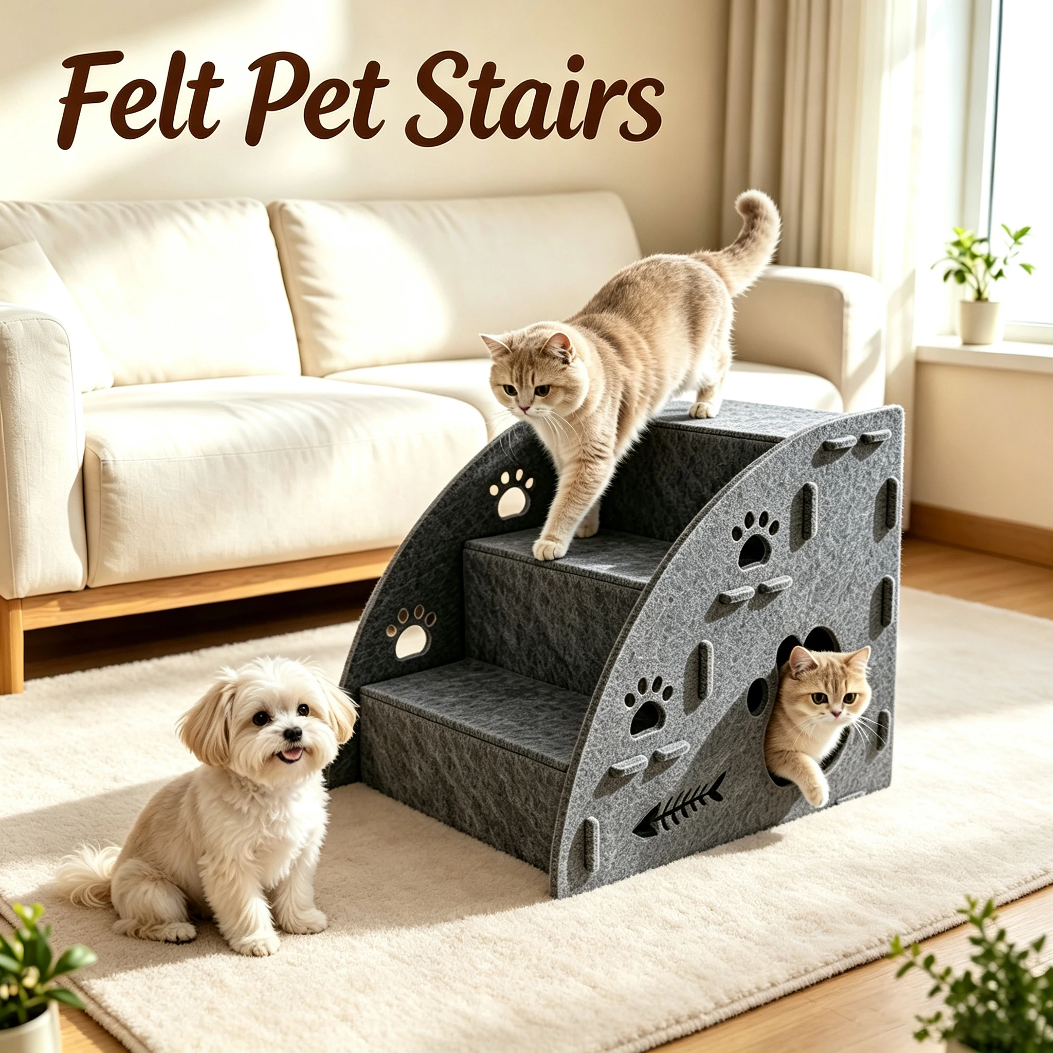 Gray Felt Pet Stairs for Bed Sofa, Cat Dog Indoor Climbing Aid with Paw Cutout, for Small Senior Short-Legged Cats Dogs Pets