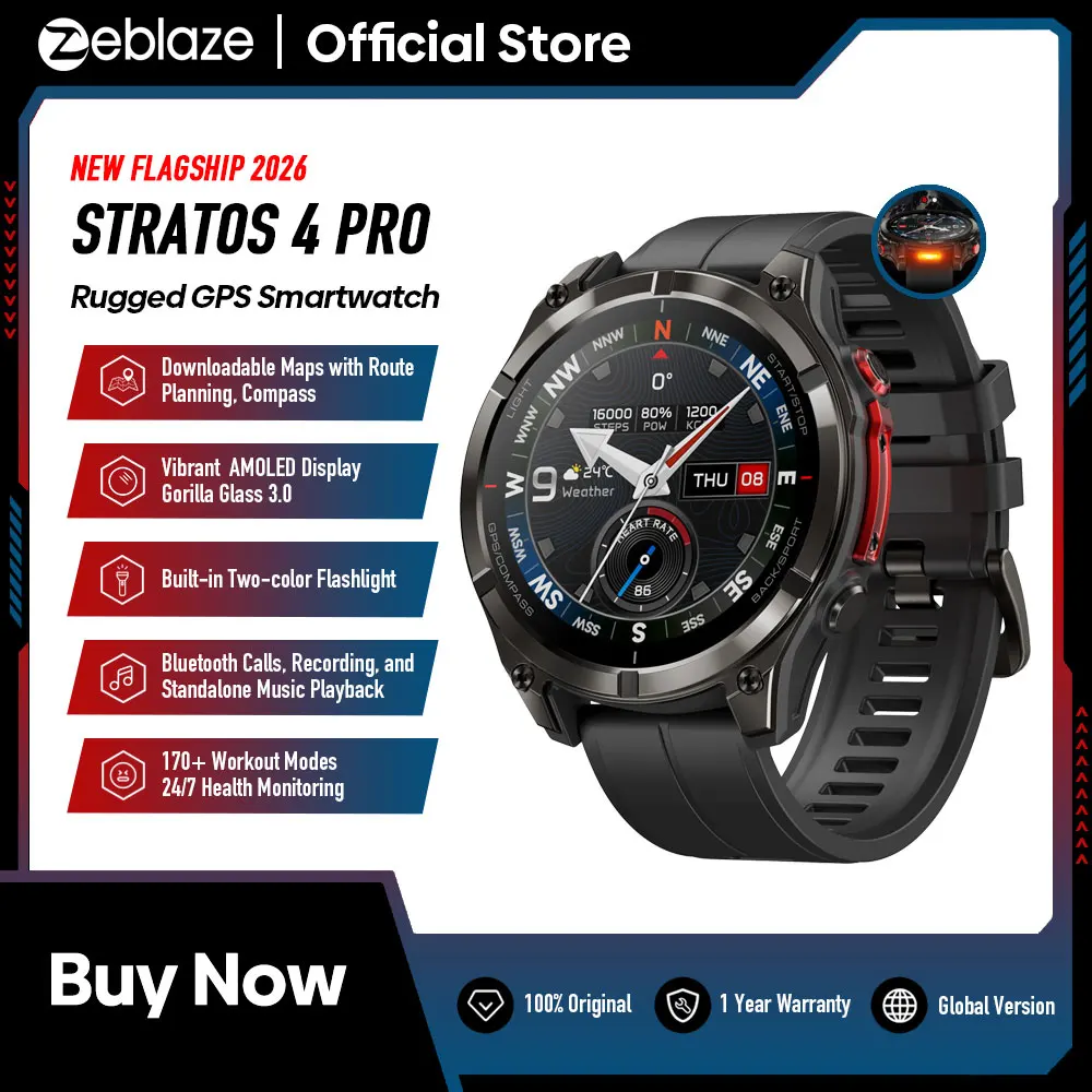 New Zeblaze Stratos 4 PRO AMOLED Screen GPS Smartwatch Two-color Flashlight Free Download Maps Music Storage Sports Smart Watch